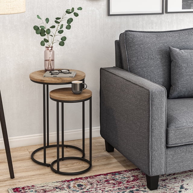 CorLiving Fort Worth Engineered Wood Round Indoor Nesting Side Tables with Black Steel Base. Light Brown
