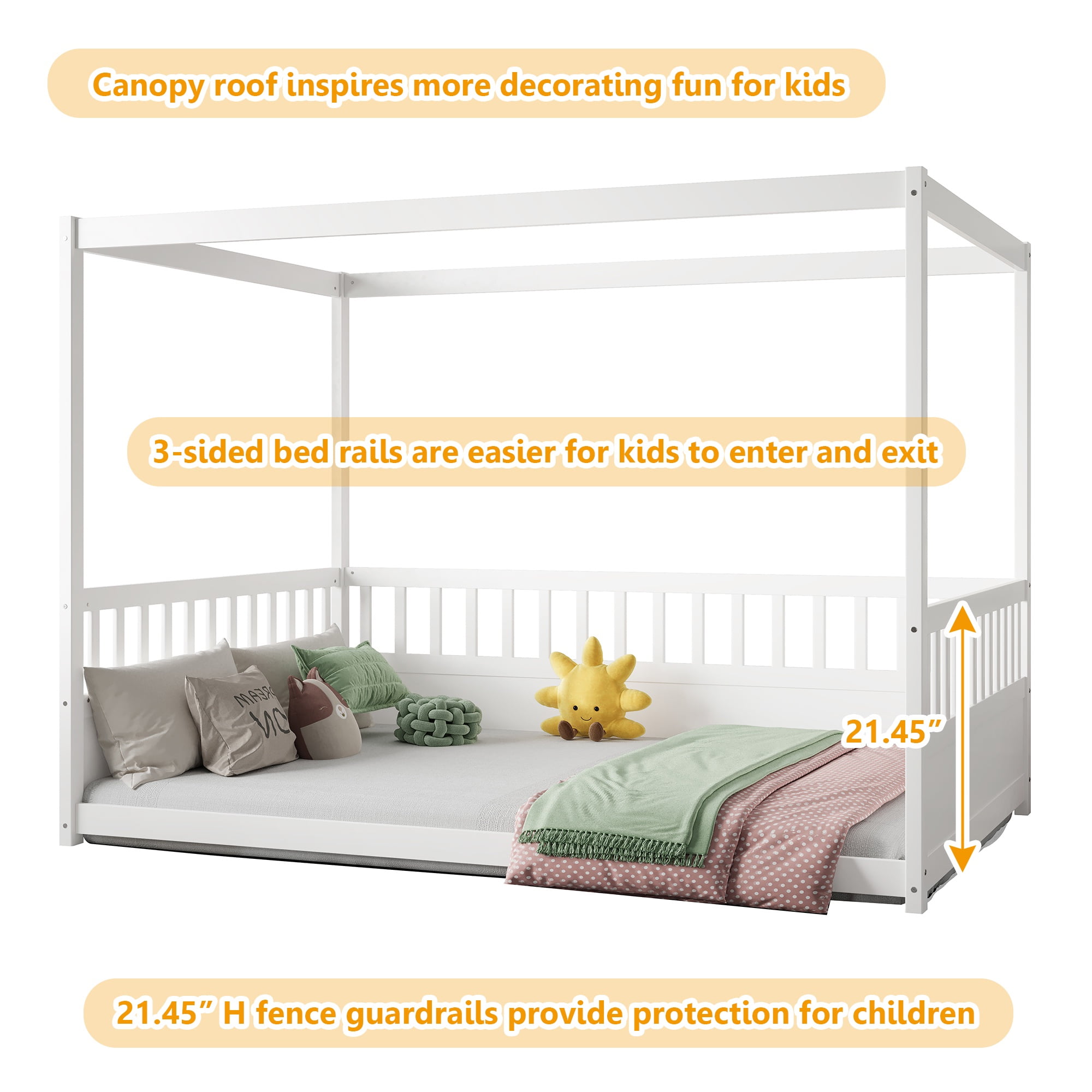 Bellemave Full Size Canopy Bed Frame with High Fence Guardrails Montessori Floor Bed Frame with Four Poster Design Wooden Canopy Bed (Full, White)