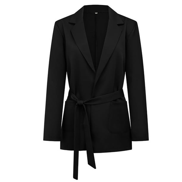 Qertyioot Women s Open Front Cardigan Women Business Attire Solid Color Long Sleeve Top Jacket Coat With Pocket And Belt