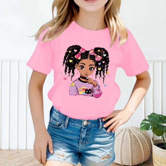 Catégorie de Produit Hauts, T-Shirts et Chemises pour Filles - T-Shirt à Manches Courtes à Col Rond Imprimé Mignon pour Fille, Mode, Été, Confortable, Décontracté, Ample, T-Shirt Hauts