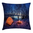 thumbnail image 1 of Apartment Decor Throw Pillow Cushion Cover, Dark Night Camping Tent Photo in Winter on Snow Covered Lands by the Lake, Decorative Square Accent Pillow Case, 24 X 24 Inches, Blue Orange, by Ambesonne, 1 of 1