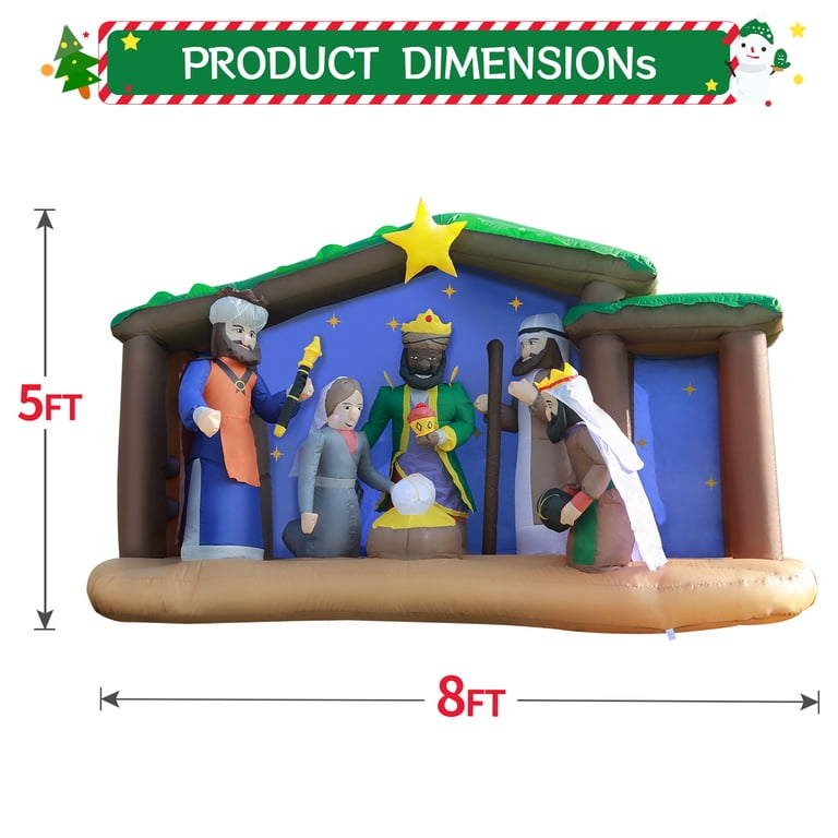8 FT Christmas Nativity Inflatable - LED Light-Up Outdoor Yard Decoration, Blow-Up Scene With Mary, Joseph & Wise Men