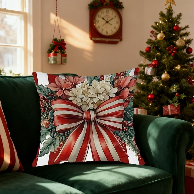 Housse de Coussin de Noël Rouge à Rayures avec Nœud Décoratif pour Canapé Lit Salon
