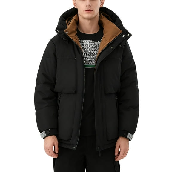 YueHuiYing Men's Solid Color Coat Hooded Jacket Zipper Long Sleeve Pockets Thickened Warm Outerwear