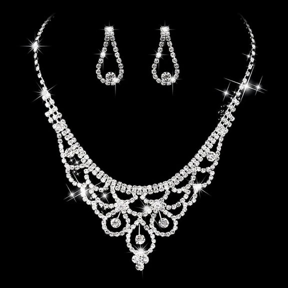 Silver Rhinestone Elegant Fashion Jewelry Set Luxury Wedding Bridal Jewelry Set for Women Necklace Earring Set