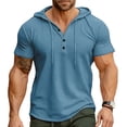 thumbnail image 4 of Kalauyu Mens Hooded Henley Short Sleeve Cotton Blend Pullover Shirts Drawstring Hood with Button Up Casual Solid Color Summer Workout Tees, 4 of 9