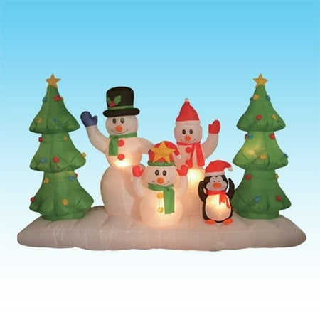 8 Foot Long Inflatile Snowmen Family w/ Pet Penguin Around Christmas Trees