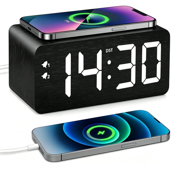 Reloj despertador URAYCO de madera con cargador inalámbrico de 10 W y puertos USB