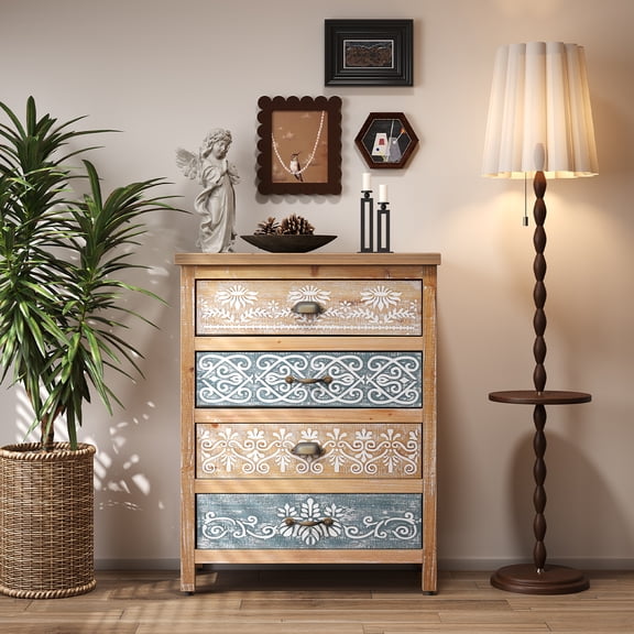 LiviNest 24in Vintage Storage Dresser: 4-Drawer Chest for Small Spaces - Distressed Wood & Ornate Pattern Design - Fits Bedside & Living Room Corners