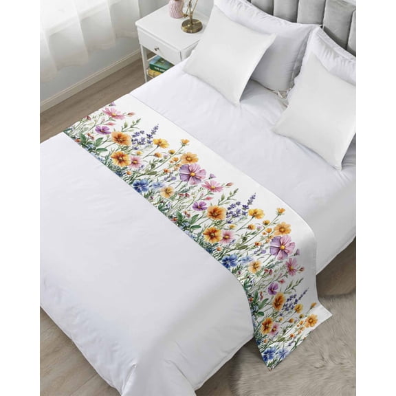 Bed Runner Scarf Queen Size, Spring Floral Stain Bed Runners & Scarves for Foot of Beds, Yellow Purple Flowers Farmhouse Decorative Bedding Runner Scarf for Hotel Home Bedroom