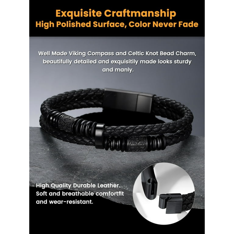 Bestyle Black Leather Bracelets for Men, Fashion Stainless Steel