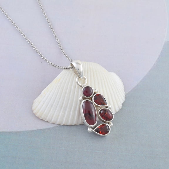 Sechi Garnet Pendant Necklace, Sterling Silver Chain, Natural Stone Jewelry