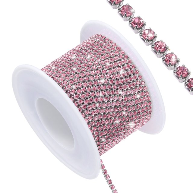 Uxcell 11 Yard Cadena de Strass de Cristal Cerrada, Tiras de Strass de Cristal, Strass Rosa Rojo con Base Plateada