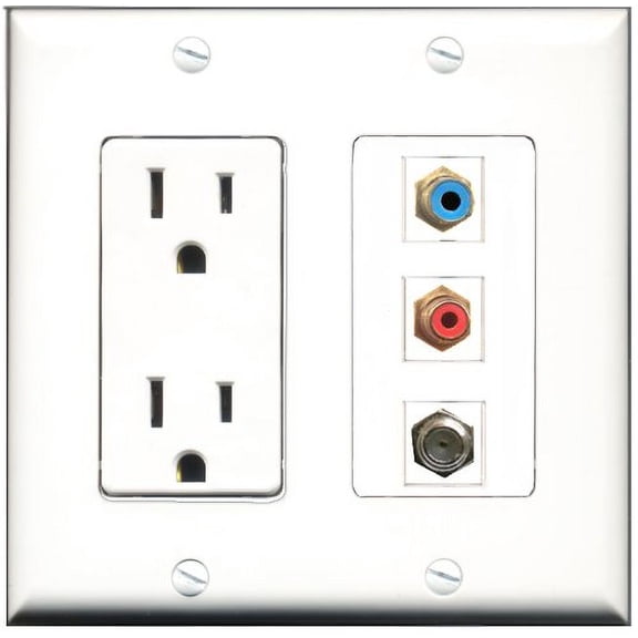 RiteAV - 15 Amp Power Outlet 1 Port RCA Red 1 Port RCA Blue 1 Port Coax Decorative Wall Plate