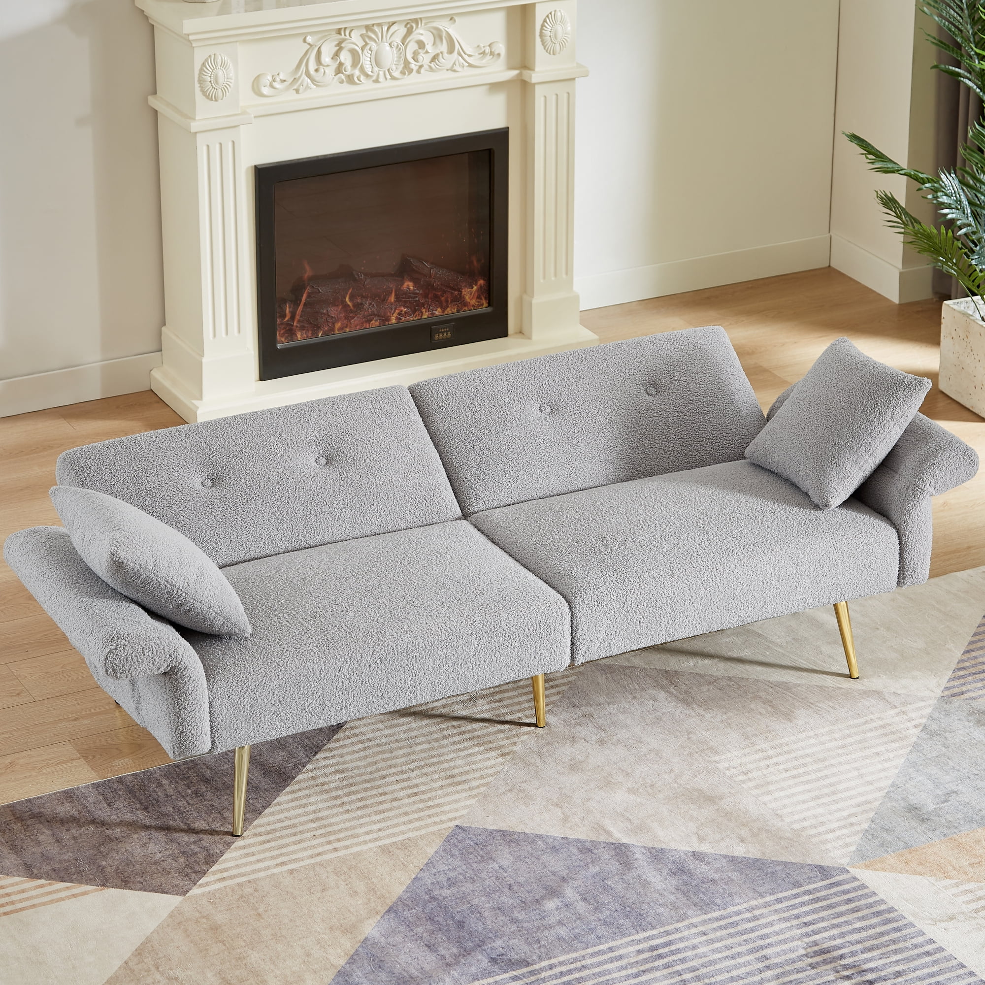Jopath 80" Futon Sofa Bed,Teddy Upholstered Convertible Loveseat Sleeper Sofa Couch with Foldable Armrest,Adjustable Backrest and Golden Metal Legs for Living Room,Gray