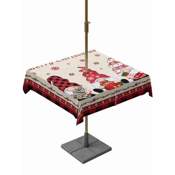 Outdoor Tablecloth with Umbrella Hole and Zipper, Merry Christmas Square Table Cloth 60x60 Inch Waterproof Tablecloth, Xmas Gnomes Snowflake Burlap Red Black Plaid Picnic Table Cover for Patio