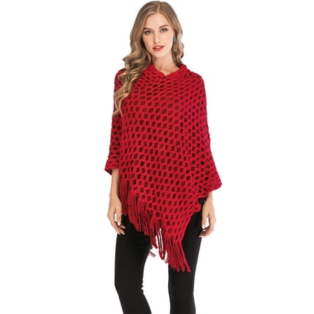 Asymmetrical Poncho - SAYFUT Womens Chic Asymmetrical Crochet Knitting Batwing Poncho Sweater With Fringe Long Sleeve Black/Red/Khaki
