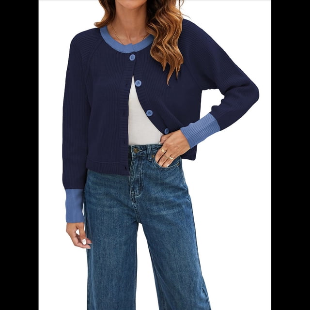 Suéteres Tipo Cárdigan Cortos para Mujer, de Otoño, de Larga, Abiertos Al Frente, con Botones y Bloques de Color, de Punto, Abrigos. Azul Oscuro M