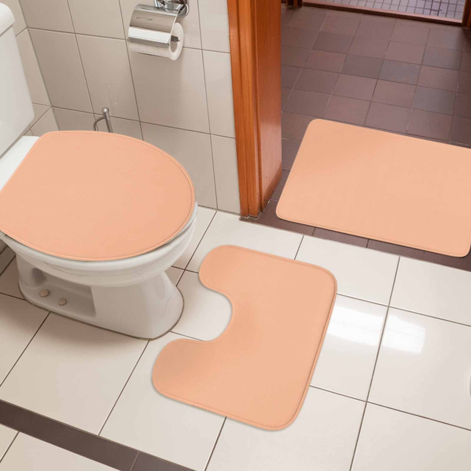 Peach Fuzz Bath Mat 3 Piece Bathroom Rug Set, Modern Pure Peach Fuzz Non Slip Bath Rug Contour Mat and Toilet Lid Cover, Absorbent Shower Mats Soft Bath Rugs and Mats Sets