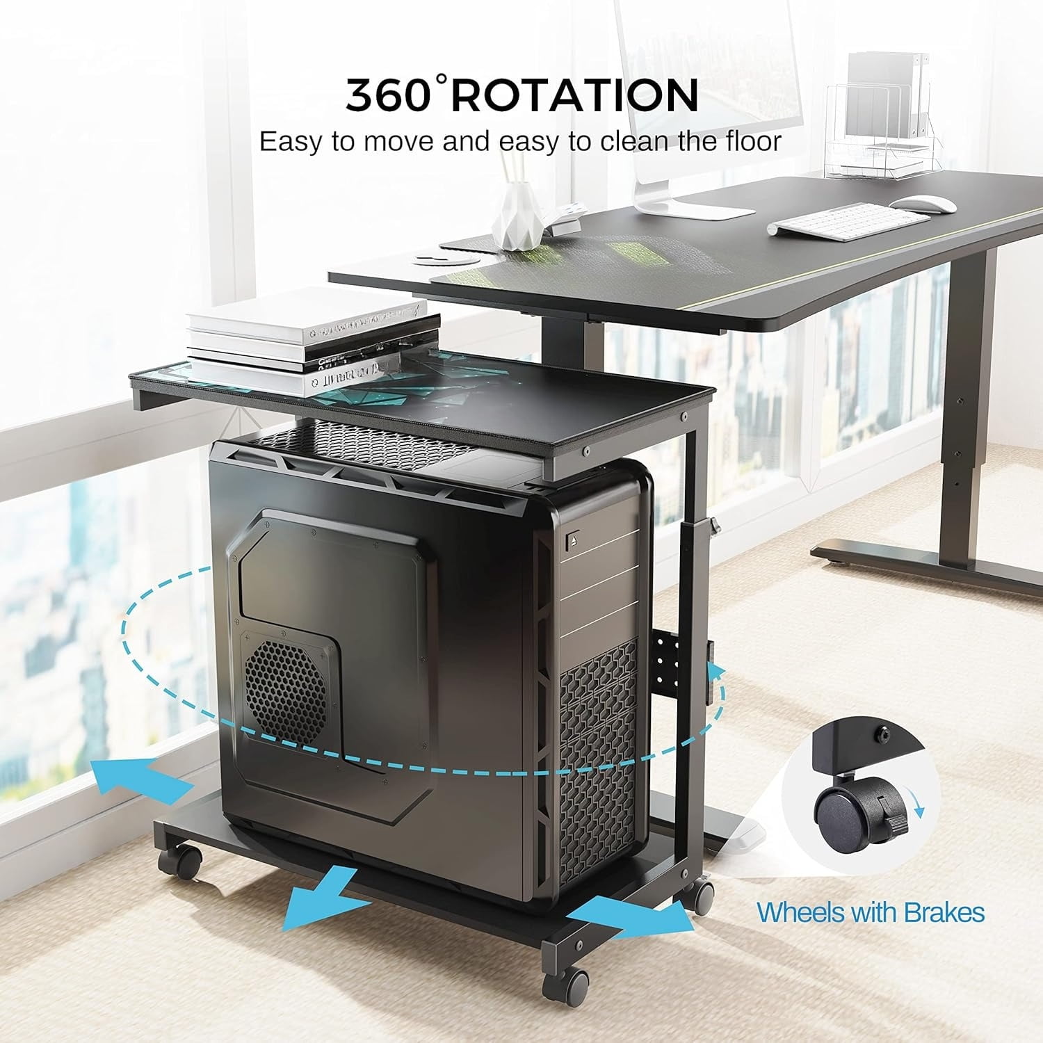 Ergonomic Computer Stand Computer Cart, Height Adjustable Tower Stand, Double Layer, Black