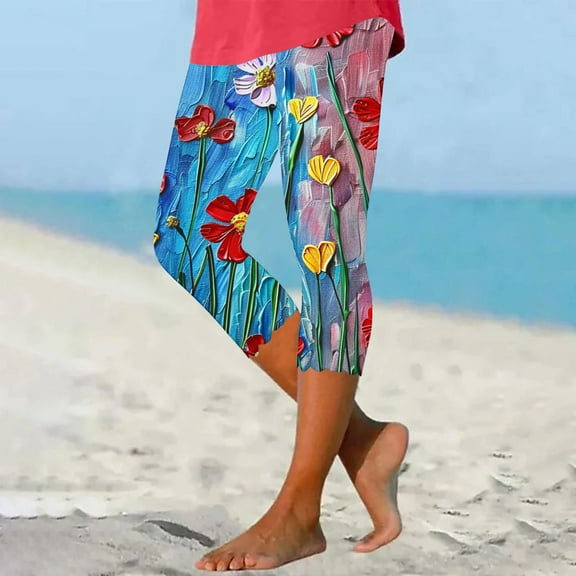 BADHUB Women's Floral Printed Capri Leggings Elastic High Waist Casual Leggings Pants Stretchy Tight Pants Lounge Workout Yoga Capris Pants on Clearance Sales