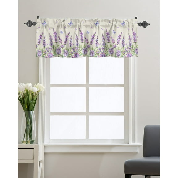Kitchen Cafe Valance Curtain for Small Windows,Farm Watercolor Lavender Butterflies Rod Pocket Valances Purple Floral Art on Linen Window Treatment Panel for Living Room/Bedroom/Bathroom,54x18in