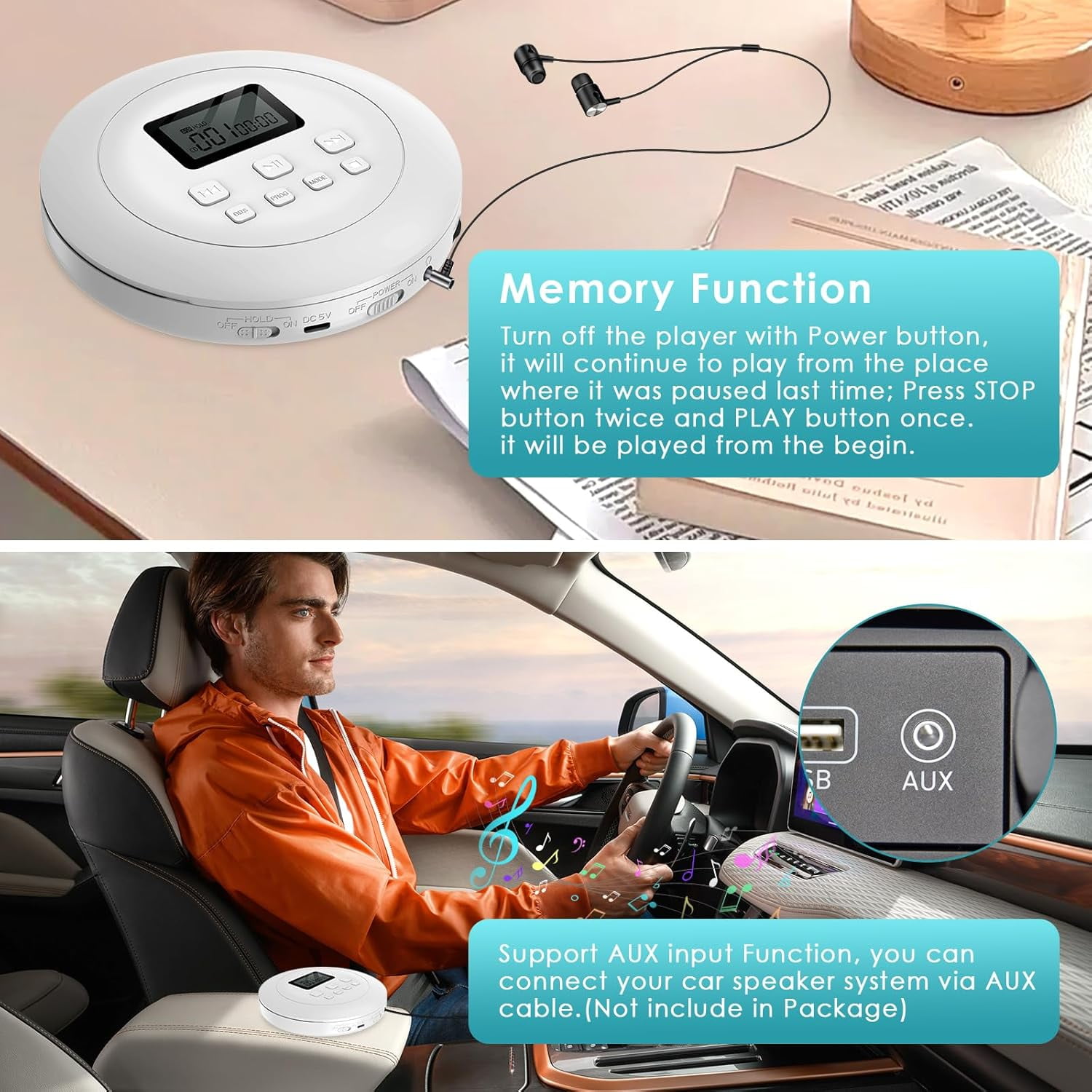 Gueray CD Player Portable Walkman, CD Player for Car Anti-Skip Shockproof, CD Players for Home with Headphones Jack USB AUX & LCD Display CD Disc, White
