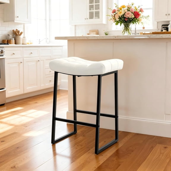 CHTER Black and White Counter Height Bar Stool for Kitchen Island Modern Backless Barstool with Upholstered Faux Leather Seat and Metal Frame Industrial 24 inch Bar Chair