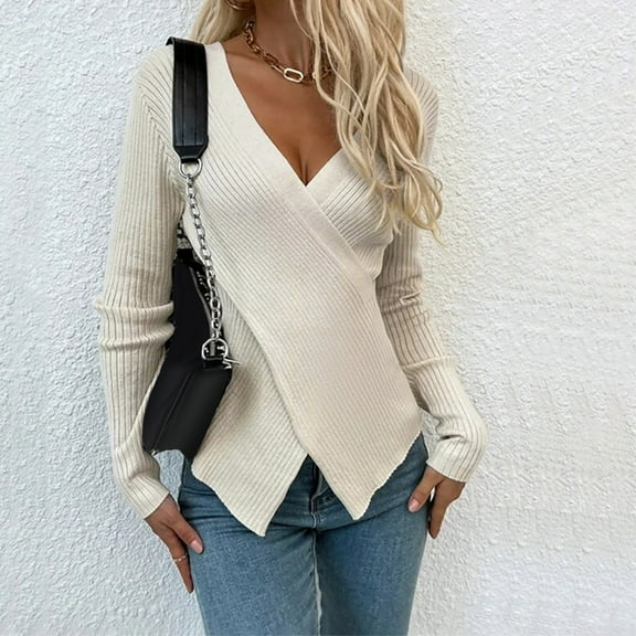 Babysbule Plus Size Womens Sweaters Fashion Women Winter Solid Long Sleeve Pullove V-Neck Casual Sweater Tops Women's Fashion