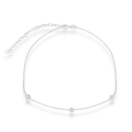 Sterling Silver 12" + 3" CZ Station Choker Necklace