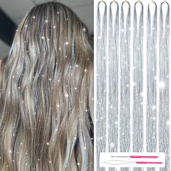 MISSUHUI Kit de oropel para el cabello con herramientas 48 pulgadas 1200 hebras Extensiones de cabello de oropel con brillo Kit de mechones de oropel para cabello brillante resistente al calor para mu