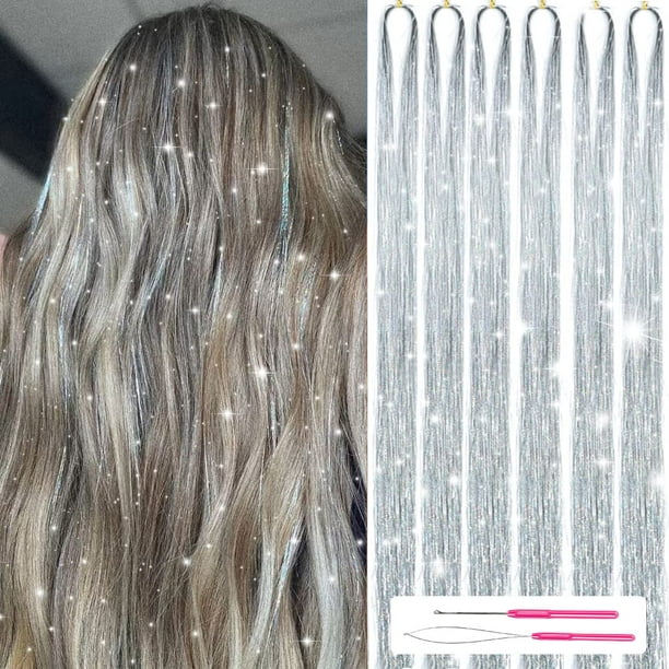 MISSUHUI Kit de oropel para el cabello con herramientas 48 pulgadas 1200 hebras Extensiones de cabello de oropel con brillo Kit de mechones de oropel para cabello brillante resistente al calor para mu