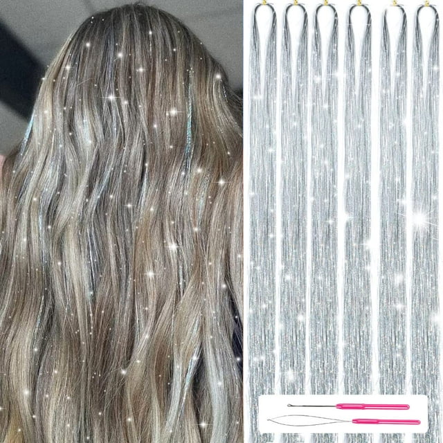 MISSUHUI Kit de oropel para el cabello con herramientas 48 pulgadas 1200 hebras Extensiones de cabello de oropel con brillo Kit de mechones de oropel para cabello brillante resistente al calor para mu