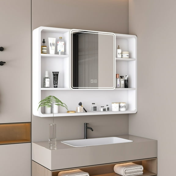 Aluminium Medicine Cabinet Mirror White 3 Colors LED Light and Defogging Function 35 x 28 Inches