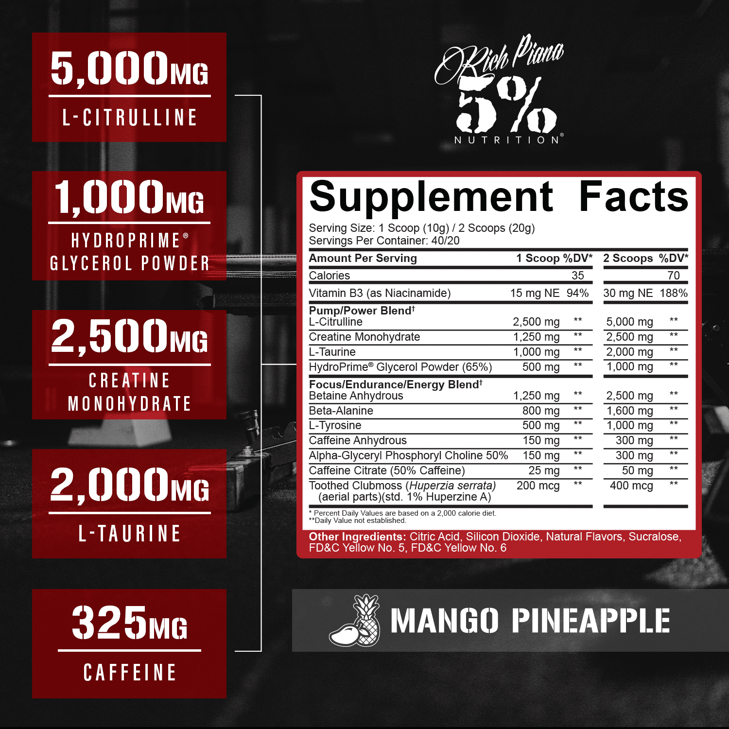 5% Nutrition Rich Piana Kill It Pre-Workout Powder Supplement with Creatine & Caffeine for Pump, 40 Servings (Mango Pineapple)