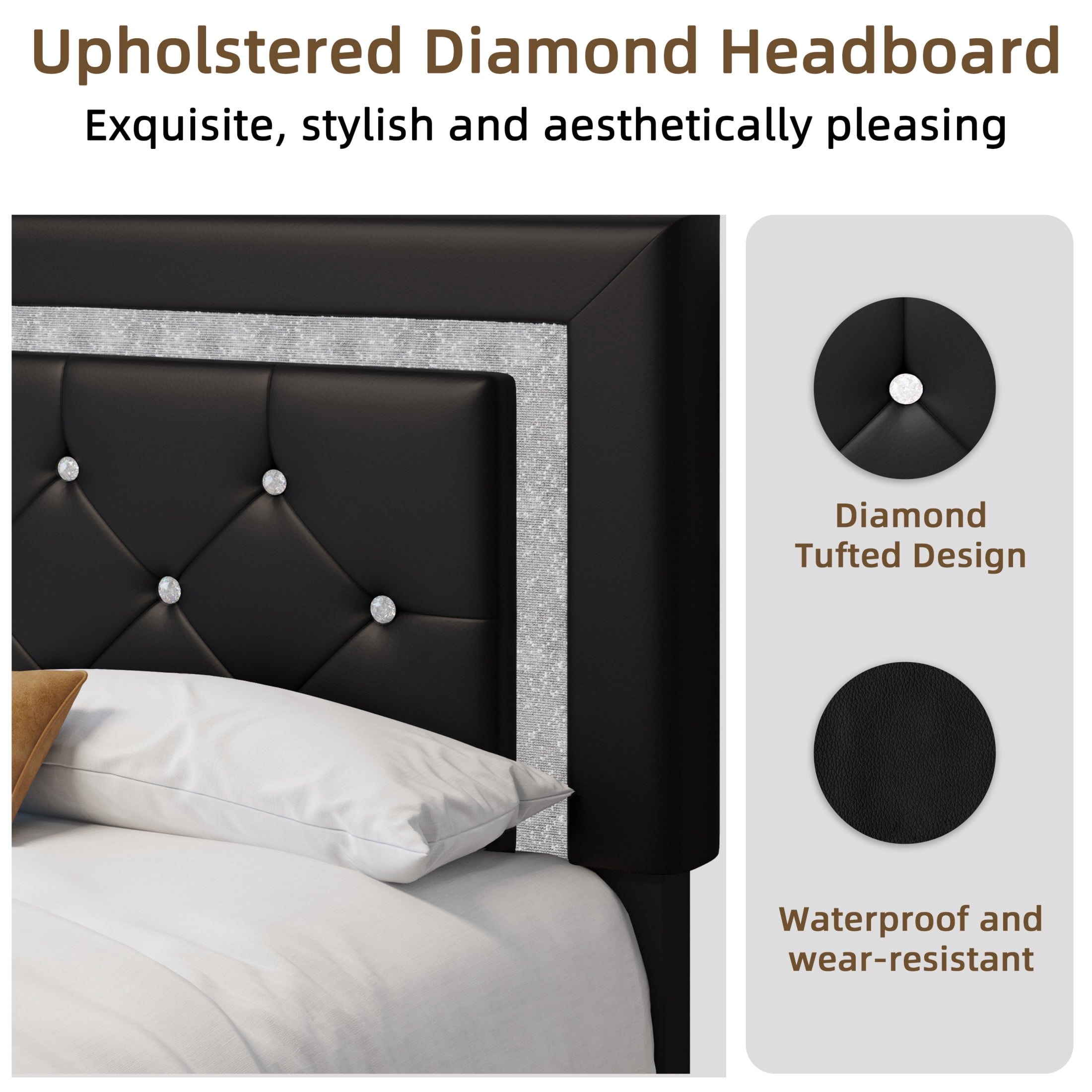 Noble House Elliana Full Size Upholstered Floating Platform Bed Frame with Diamond Tufted Headboard, LED Lights, Black