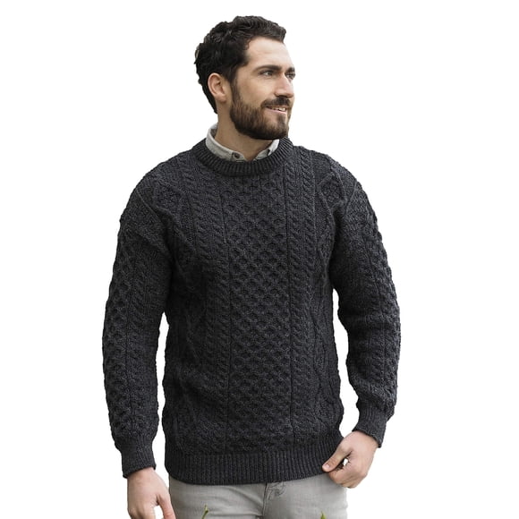 Aran Crafts Irish Soft Cable Knitted Wool Crew Neck Unisex Sweater (C1347-LARGE-CHAR) Charcoal
