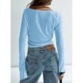 thumbnail image 4 of Women's Bell Sleeve Tie Front Scoop Neck Long Sleeve Blouses Knit Crop Tops, 4 of 5