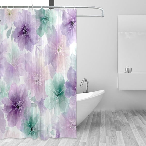 Light Purple and Green Flowers Shower Curtains with 12 Hooks Waterproof Bathroom Decor 66" x 72"