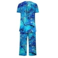 thumbnail image 4 of GaThRRgYP 2 Piece Womens Short Sleeve Pajama Sets for Women,2PC Women's Solid Color V Neck Lace Splicing Short Sleeve Sleepshirt and Pants Sets Loungewear Pajamas with Pockets Blue L, 4 of 5