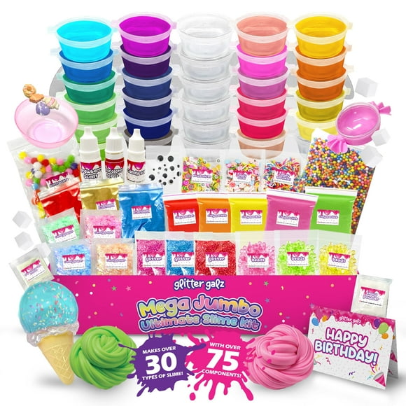 75-Pc Jumbo Mega Birthday Party Slime Kit for Girls Ages 6 7 8 9 10, 11 and 12-30 DIY Slime Pack Soft, Color Slime Gels, Cloud, Clear, Butter, Glitter, Crunchy, and Glow in Dark Slime Making Kits