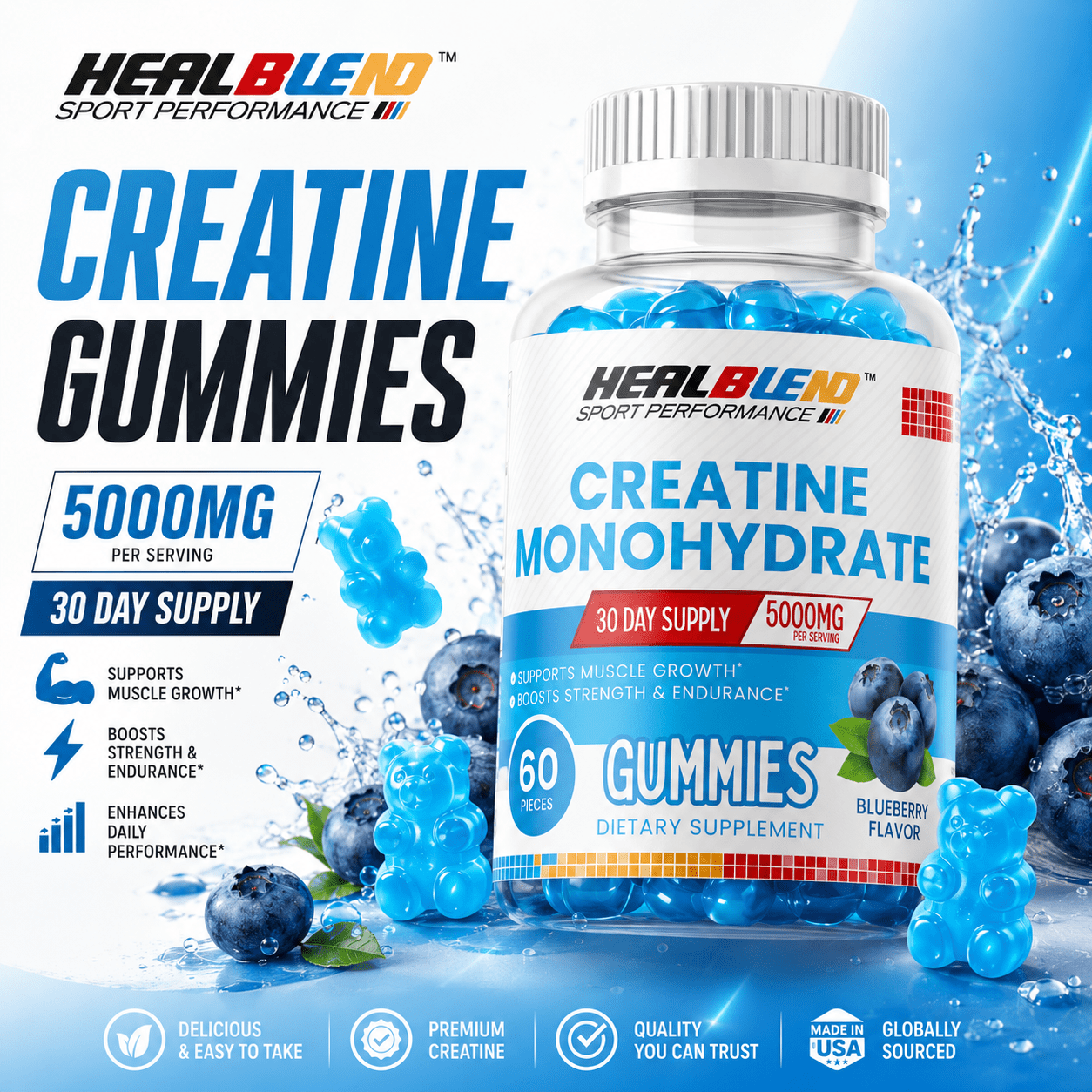 Healblend Sport Performance Creatine Monohydrate Gummies, Muscle Growth, Strength & Endurance Support Blueberry Flavor, 5000mg, 60 Count