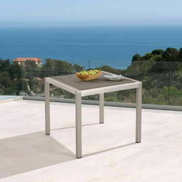 GeeHome Outdoor Dining Table - Anodized Aluminum - Wicker Table Top - Square - Silver and Gray - 35"