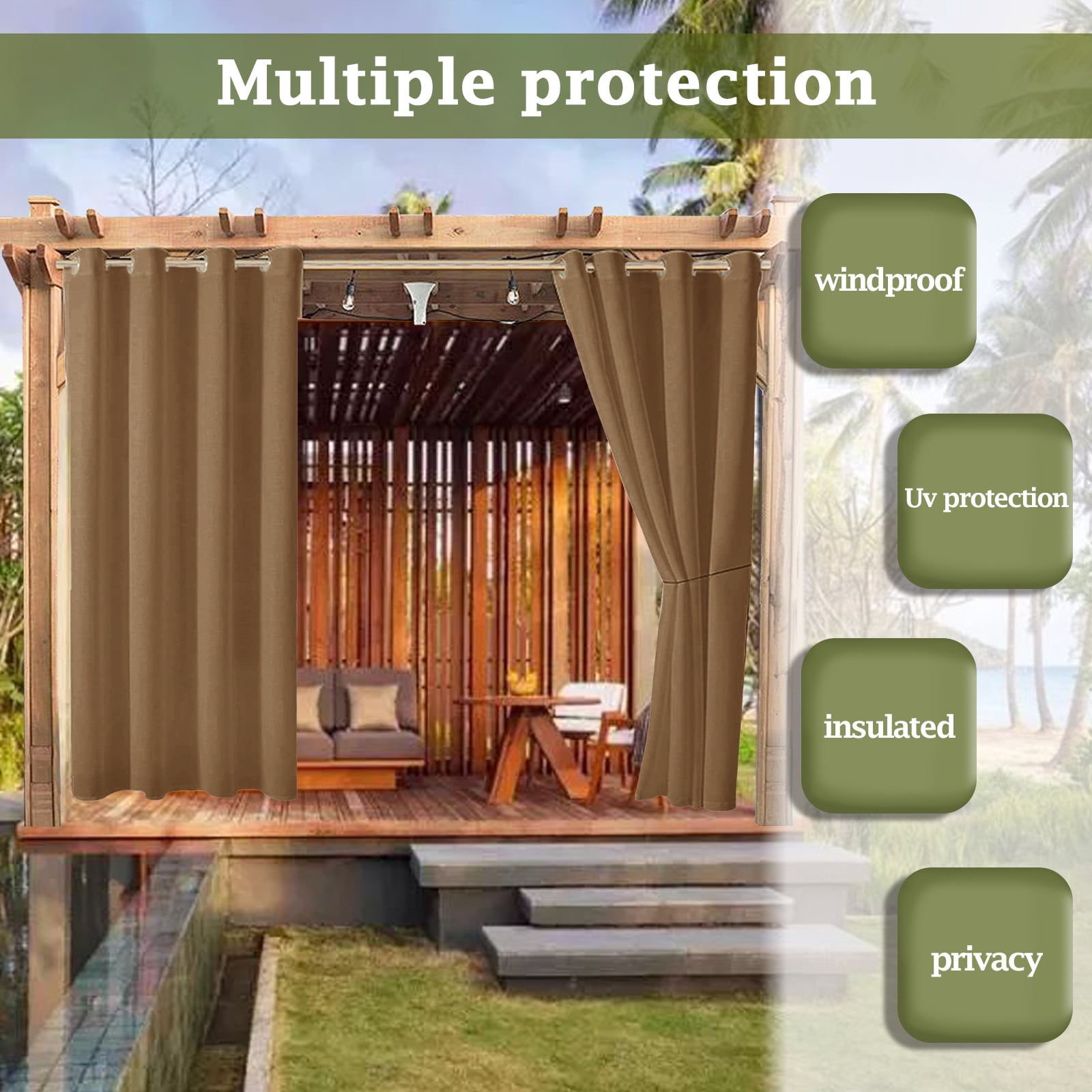 SHANNA Indoor/Outdoor Curtains - Grommet Top Waterproof Windproof Privacy Blackout Drapes for Garden Porch Gazebo Patio, Brown, 52*108 in, 4 Panel