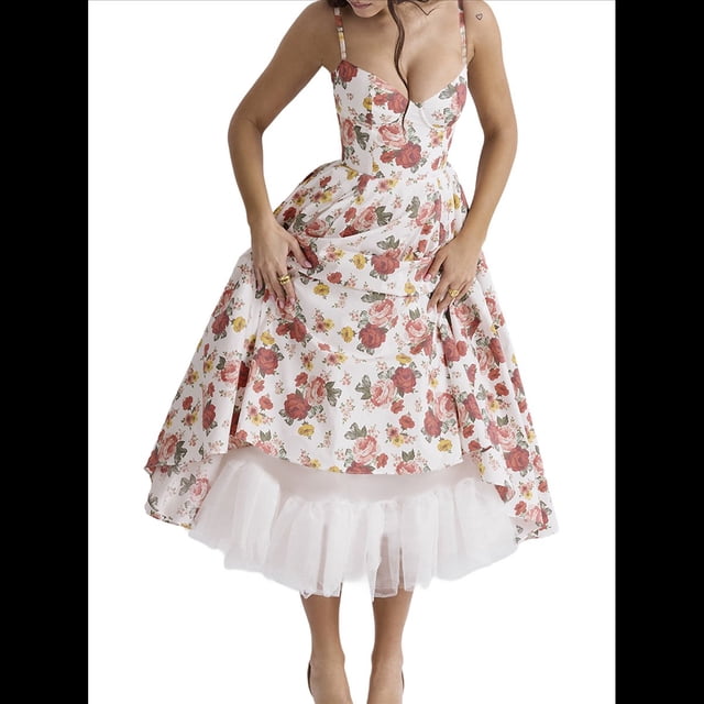 Vestidos de Invitada de Boda para Mujer, con Tirantes Finos, Corsé, para Fiesta de , con Encaje Floral, Vestidos Largos de Fiesta Flores Rojas M