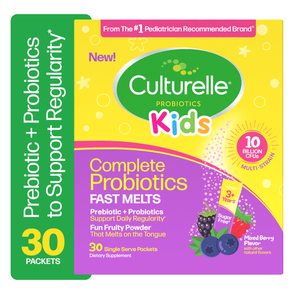 Culturelle Probiotics Kids Complete Probiotics Fast Melts Daily Supplement, Immunity & Digestion Support for Children, Mixed Berry Flavor, 30 Packets