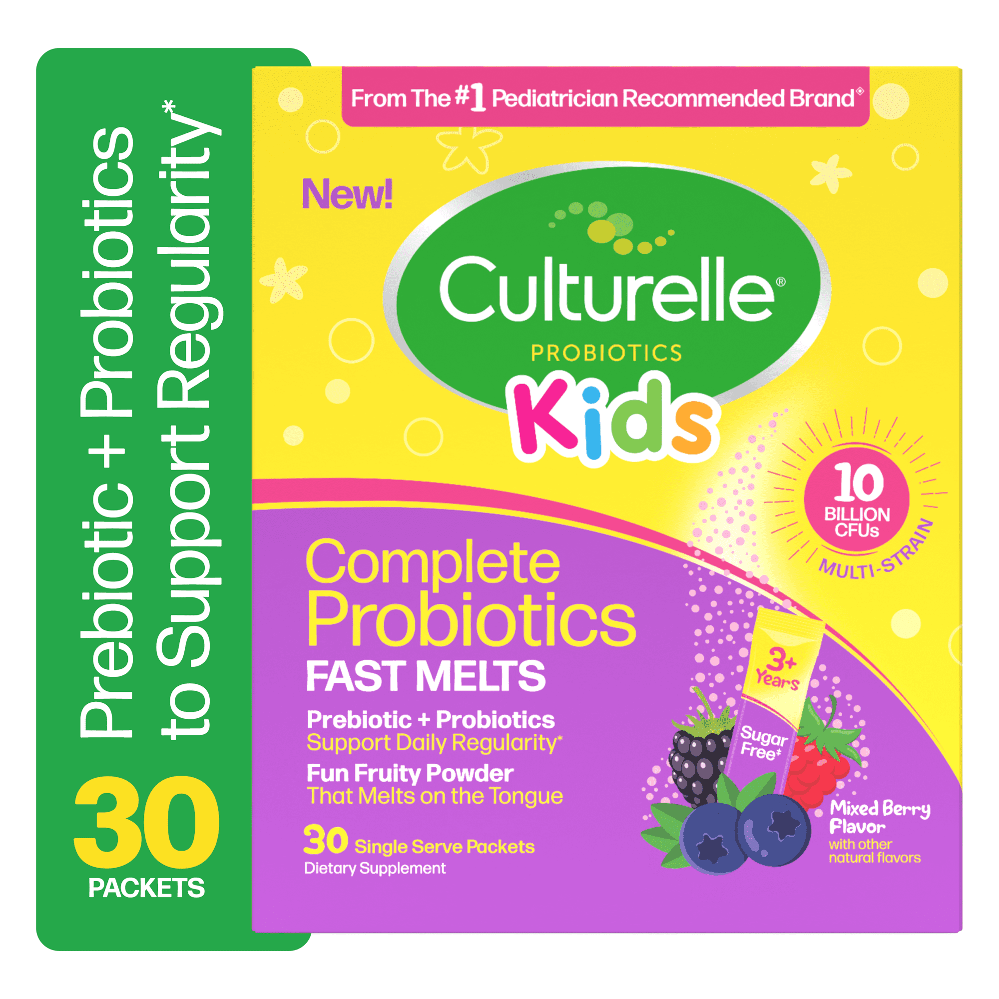 Culturelle Probiotics Kids Complete Probiotics Fast Melts Daily Supplement, Immunity & Digestion Support for Children, Mixed Berry Flavor, 30 Packets