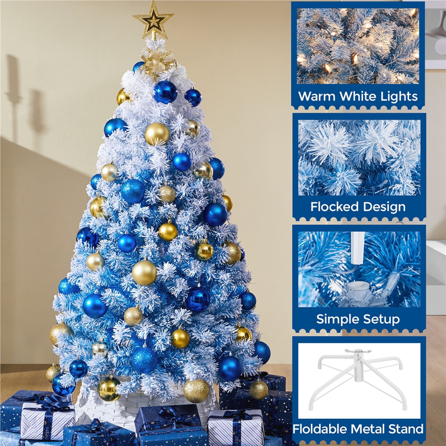 Alden Design 4.5FT Pre-lit Artificial Christmas Tree Holiday Decorative Fir Tree with Foldable Stand and LED Warm Lights,Lake Blue Gradient