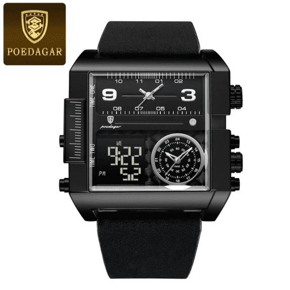 POEDAGAR Digital & Analog Multifunction Men's Watches Rectangle Waterproof Luminous Day Week Male Watch