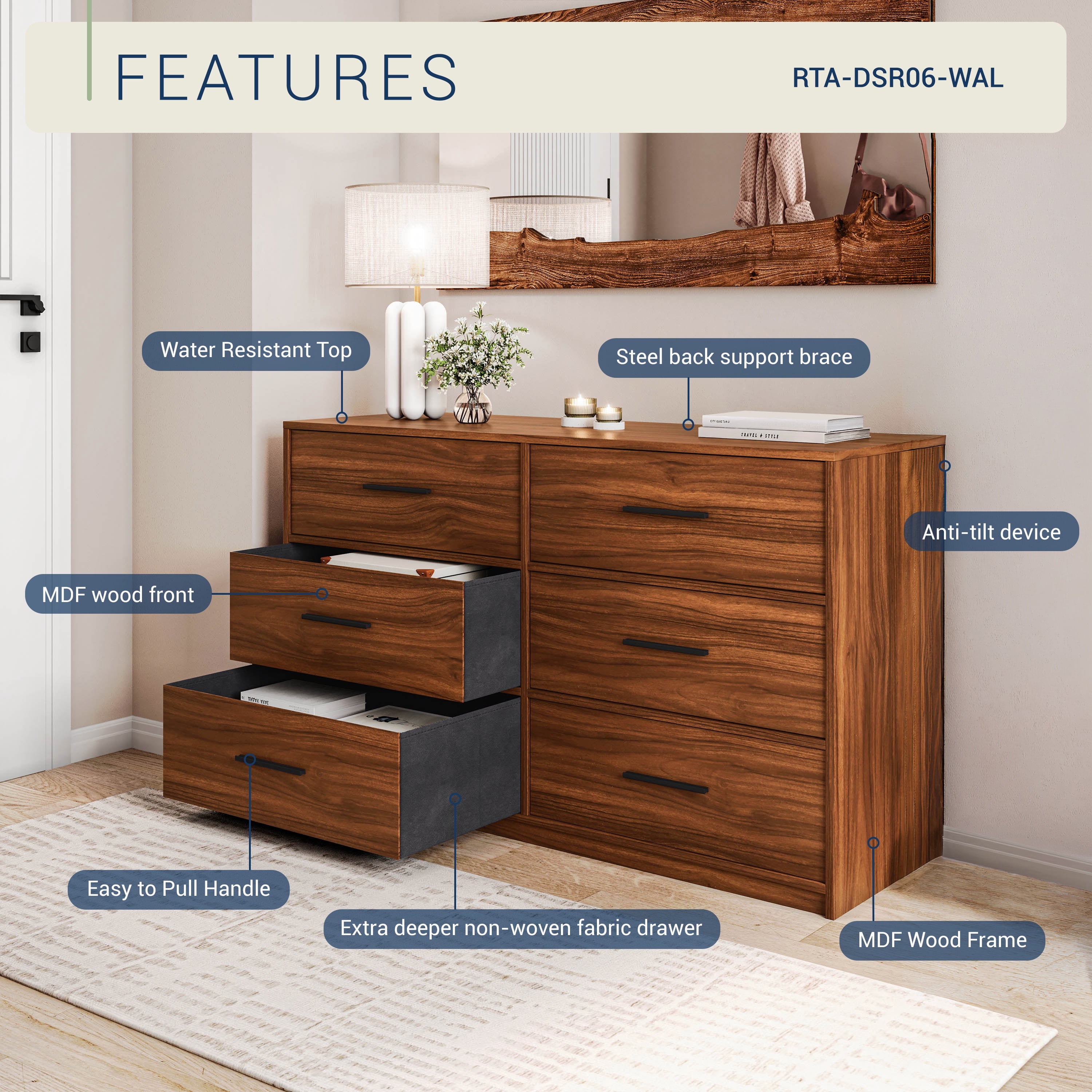 6-Drawer Dresser with Extra Large Fabric Bins, Wood Frame Storage Organizer for Bedroom, Living Room, or Hallway, Versatile Design Doubles as a TV Stand, Ideal for Home Organization, Walnut